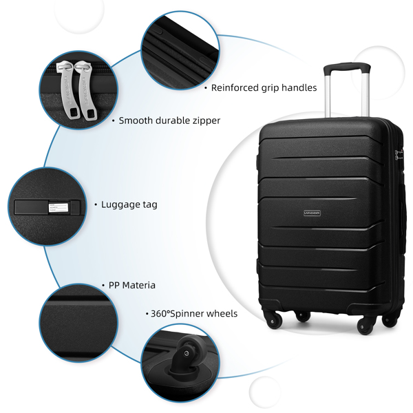 Luggage Sets 5 Piece, Expandable Luggage Hardside PP Suitcase Sets with Spinner Wheels TSA Lock, Black