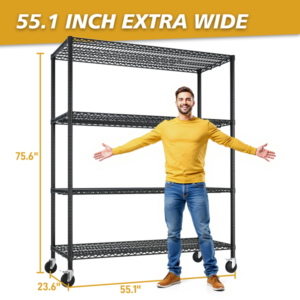 Heavy Duty Storage Shelves  55.12" W  Wire Shelving Unit with Wheels 2500LBS  NSF Metal Shelves for Storage Adjustable Garage Storage Rack Pantry Shelf Commercial Shelving, 75.59" H X 55.12''W X 23.62