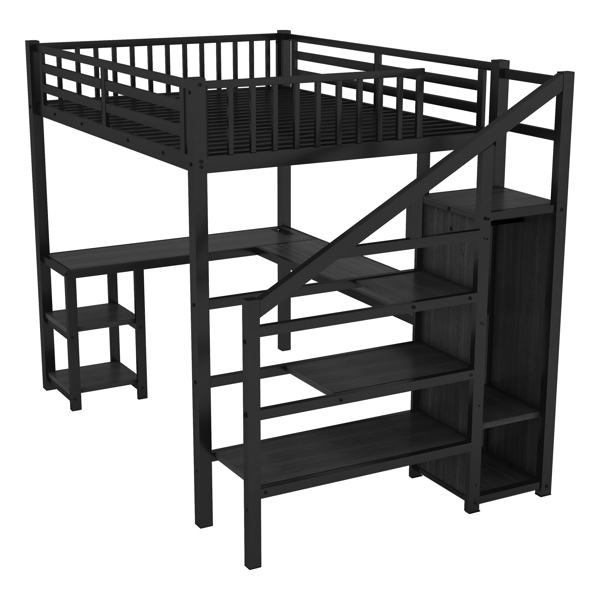 Metal Full Loft Bed with Wardrobe and LED Light, Full Size Loft Bed with L Shaped Desk and USB for Kids Teens Adults, Black