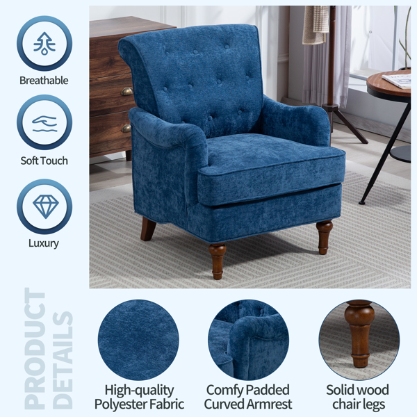 Accent Chair With Comfy Chenille Club Fabric,Comfy Upholstered Living Room Arm Chair,Springs Cushions & Retro Wooden Legs,Fabric Sofa Chair Reading Chair for Bedroom Office,Holds 300lbs(Blue)