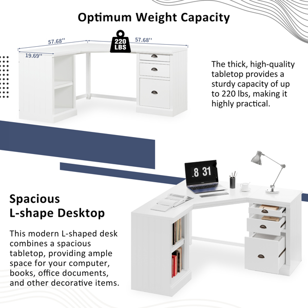 57.68" Modern L Shaped Executive Desk with 2 Storage Cabinets and 3 Drawers,Corner Writing Desk,Office Desk Furniture,Computer Desks with Depth Workstation for Home Office,Living room,White