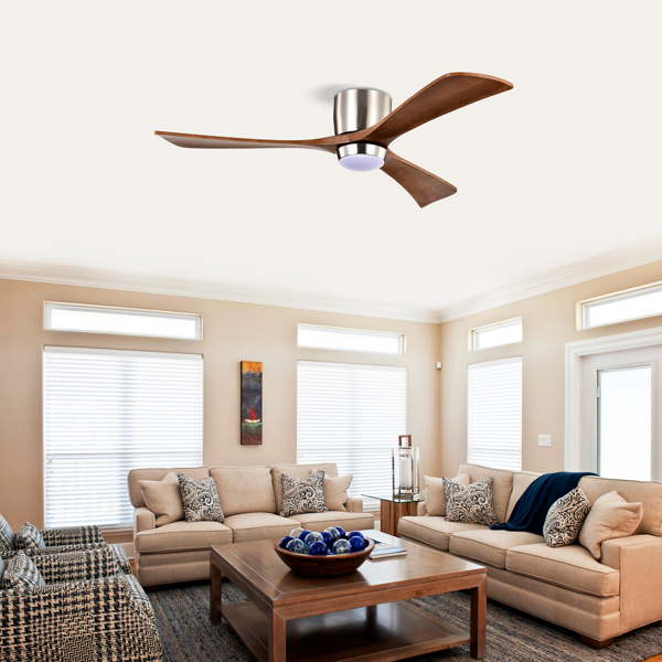 52" Ceiling Fan with Lights Remote Control,Quiet DC Motor 3 Wood Blade Ceiling Fans 6 Speed Levels,Reversible Ceiling Fan, for Patio Living Room, Bedroom, Office,Indoor.(Stain nickel + Walnut )