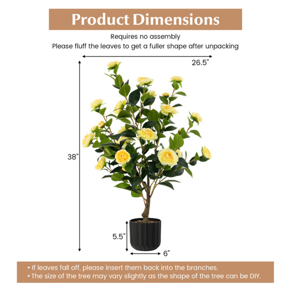 2 PCS 38 Inch Artificial Camellia Tree Faux Flower Plant in Cement Yellow