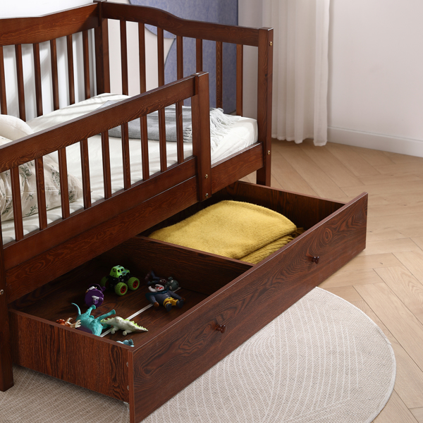 FCH Vertical Fence Brown Painted Pine Toddler Bed with Bottom Drawer and Side Car Bed