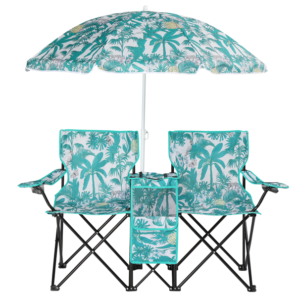 Portable Outdoor 2-Seat Folding Chair with Removable Sun Umbrella Pineapple