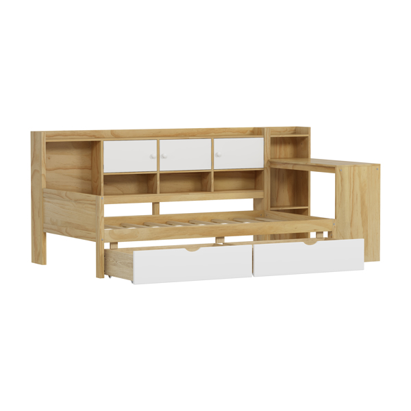 Wooden L-Shape Daybed with Seven Storage Cabinets and Two Storage Drawers, Multi-functional Bed with Study Desk and Built-in Bookshelf, Natural+White