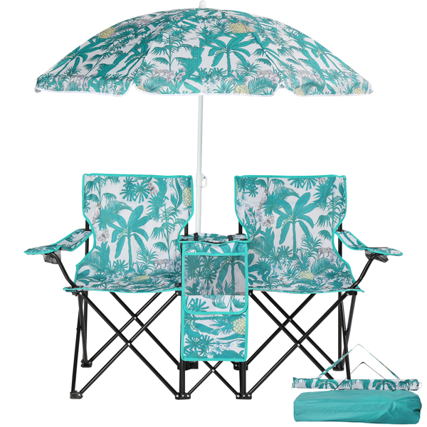 Portable Outdoor 2-Seat Folding Chair with Removable Sun Umbrella Pineapple