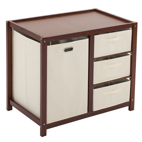 FCH Wooden Frame Removable Top Brown Painted Pine Children's Cot with 3 Fabric Drawers + 1 Fabric Bag