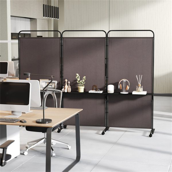 3-Panel Folding Divider with Lockable Wheels and 3 Metal Shelves Brown