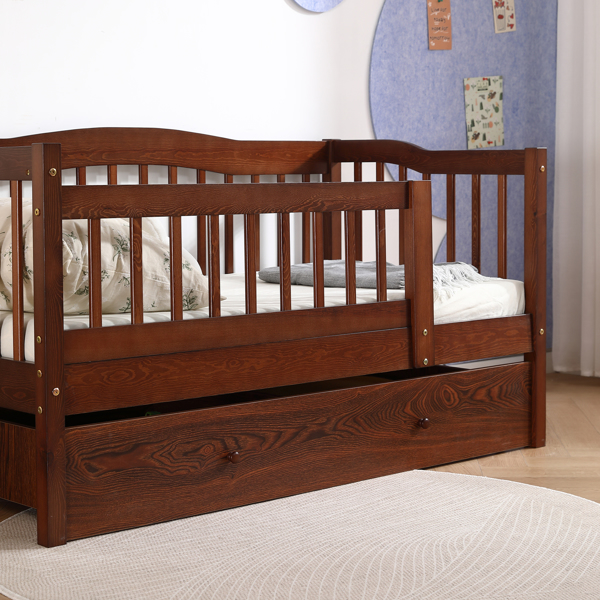 FCH Vertical Fence Brown Painted Pine Toddler Bed with Bottom Drawer and Side Car Bed