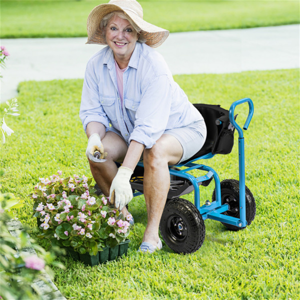 Garden Cart Height Adjustable Scooter with Swivel Seat & Tool Storage Blue