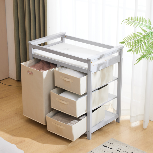 FCH Wooden Frame Removable Top Gray Painted Pine Children's Cot with 3 Fabric Drawers + 1 Fabric Bag