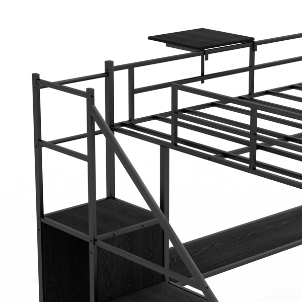 Full Size Metal Loft Bed with L-shaped Desk, LED Lights, Charging Cradle, LED Loft Bed Frame, Full Size Bed with One Cabinet Wardrobe and 2 Fabric Drawers, Safety Rails and Ladder, Black
