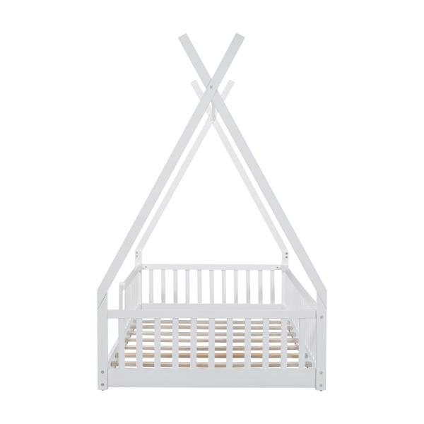 Twin Size Wood House Bed with Fence, White(ETA:2.27)