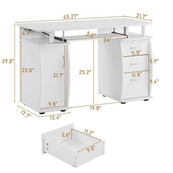 Embossed White Particle Board with Melamine Laminate 1155574cm One-Door Three-Drawer Computer Desk