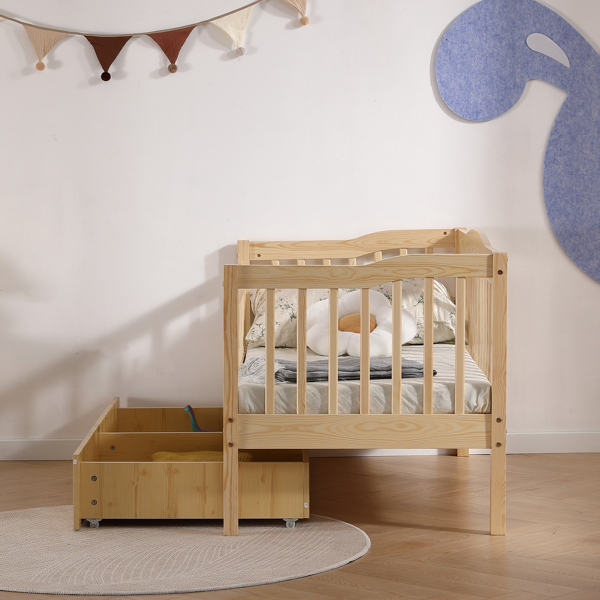 FCH Vertical Fence Wood Painted Pine Toddler Bed with Bottom Drawer and Side Car Bed