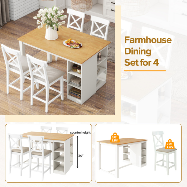 60"Lx30"W Solid Wood Farmhouse Counter Height Dining Table Set with 3-Tier Storage Shelves, Upholstered Dining Chairs for 4, 5-Piece, White