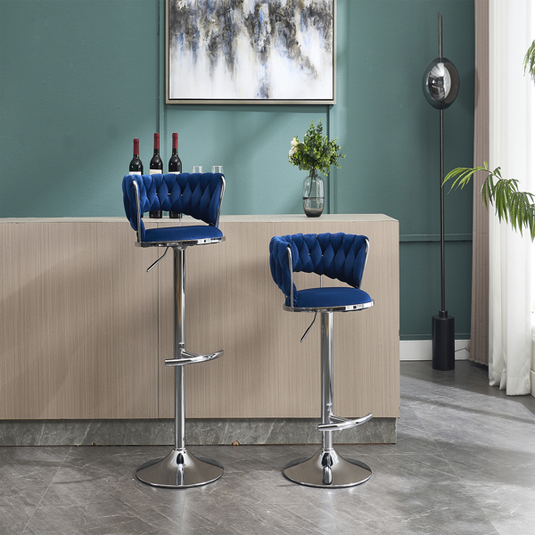 Set of 2 Bar Stools,with Chrome Footrest and Base Swivel Height Adjustable Mechanical Lifting Velvet + Chrome  Leg Simple Bar Stool-BLUE