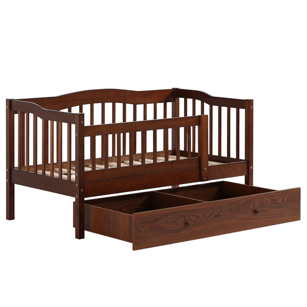 FCH Vertical Fence Brown Painted Pine Toddler Bed with Bottom Drawer and Side Car Bed