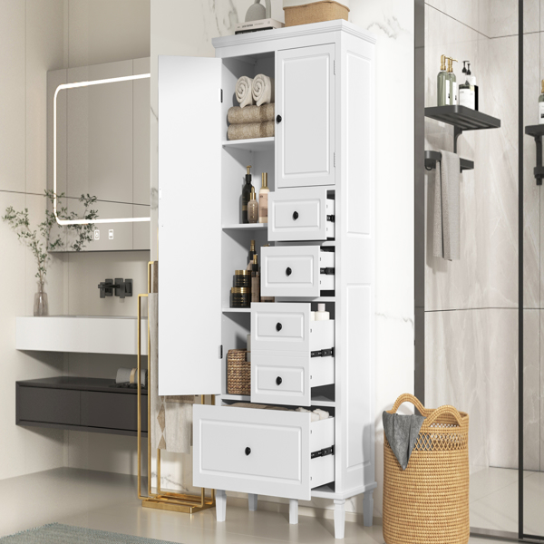 Tall and Wide Storage Cabinet with Doors for Bathroom/Office/Living Room/Indoor, Four Drawers of Different Sizes, Adjustable Shelves, White