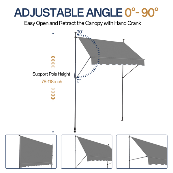 78.7"D x 47.2"W x(78.7 -118.1)"H  Retractable Awning Grey