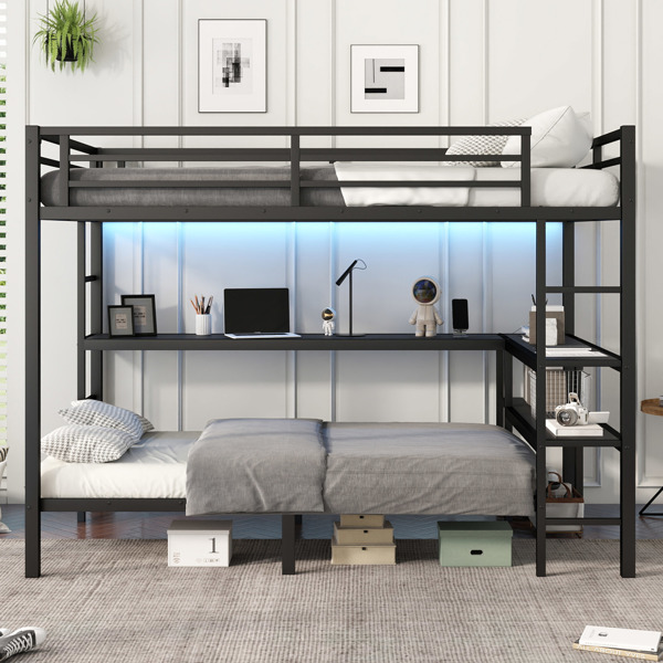 FULL XL Over Twin Bunk Bed with Desk and Shelves, Multiple Placement, with LED and USB, Black