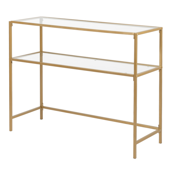 【same code：29997112】39.4" Console Sofa Table, Modern Entryway Table, Tempered Glass Table, Metal Frame, 2 Shelves, for Living Room, Hallway, Gold Color