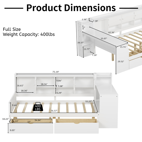 Wooden L-Shape Daybed with Seven Storage Cabinets and Two Storage Drawers, Multi-functional Bed with Study Desk and Built-in Bookshelf, White