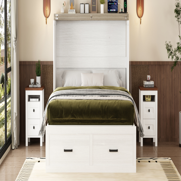 Queen Size Farmhouse Murphy Cabinet Bed with Charging Station, Foldable Platform Bed with Large Storage Drawer for Guest-Room, Small Bedroom, White