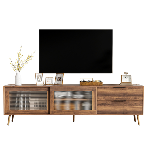 Modern TV Stand for 75"+ TV, TV Console with 2 Glass Doors, Entertainment Center with 2 Drawers & Storage Cabinet, 70" Media Console Table for Living Room, Bedroom