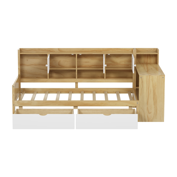 Wooden L-Shape Daybed with Seven Storage Cabinets and Two Storage Drawers, Multi-functional Bed with Study Desk and Built-in Bookshelf, Natural+White