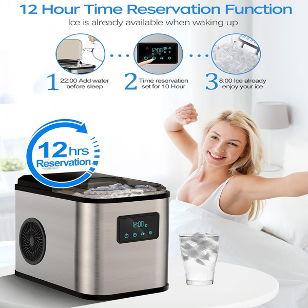 Ice Maker Countertop, Portable Ice Maker Machine, 28lbs/24Hrs, 6 Mins/9 Pcs Bullet Ice, Mini Ice Maker with Self Cleaning, Time Reservation Function, LED Display, Include Scoop & Basket, Stainless