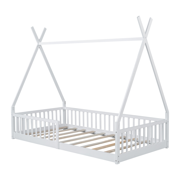 Twin Size Wood House Bed with Fence, White(ETA:2.27)