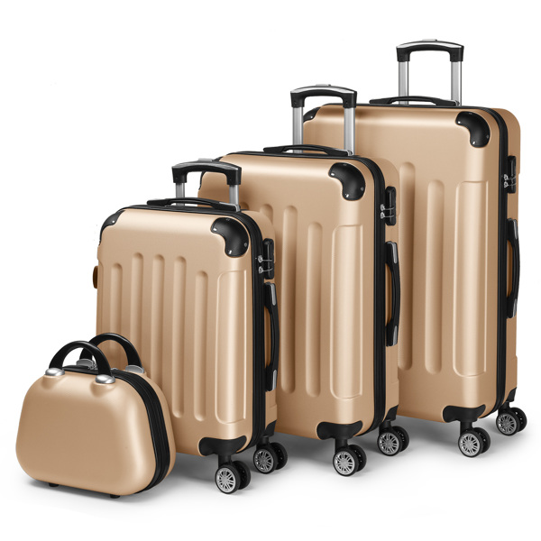 FCH Corner-Protected Four-Piece Set ABS Luggage Including 20in, 24in, 28in Suitcases + 12in Hand-Carry Case - ABS with Steel Telescopic Handle in Fashionable Champagne Gold