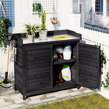 Outdoor 39\\" Potting Bench Table, Rustic Garden Wood Workstation Storage Cabinet Garden Shed with 2-Tier Shelves and Side Hook, Black