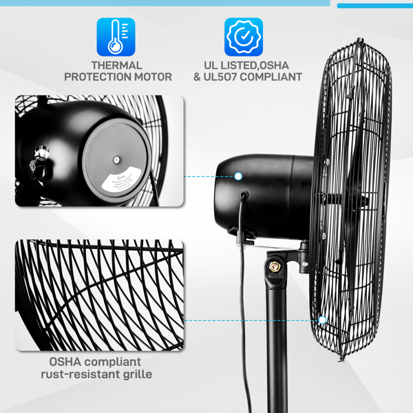 20 Inch Pedestal Floor Fan 5000CFM, Oscillating Standing Fan, Adjustable Rod, 100% BLDC Copper Motor,4 Speeds, Aluminum Blades, Metal Stand Up Fan For Industrial, Commercial, Residential, Shop