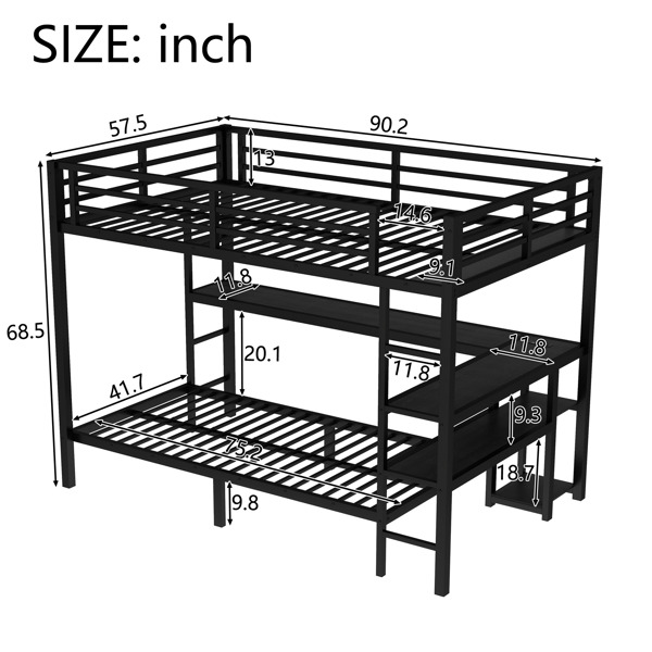 FULL XL Over Twin Bunk Bed with Desk and Shelves, Multiple Placement, with LED and USB, Black