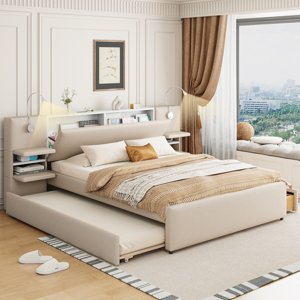 Queen Size Upholstered Platform Bed with Reading Lights, Drawers, Trundle and Shelves, Beige