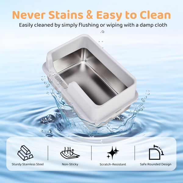 Stainless Steel Cat Litter Box with Lid, Extra Large Litter Pan with High Sides for Big Cats, Kitty Litter Box with Pedal Filter and Scoop, No Odor, Non-Sticky, Anti-Leakage, Easy Cleaning, Gray