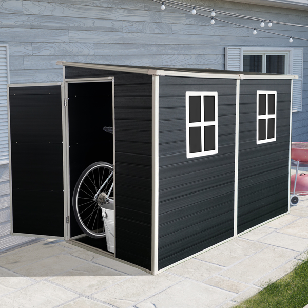 4x8ft Outdoor Storage Shed with Floor Resin shed with Two-Window, Waterproof ,Lockable Doors for Patio,Yard,Lawn ---Black