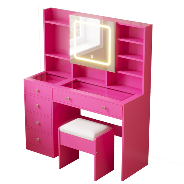 Barbie Pink Textured Particle Board with Melamine Laminate, Tempered Glass Top, Five-Drawer Dressing Table Set with Shelves, Hooks, Power Strip, and LED Three-Color Dimmable Light