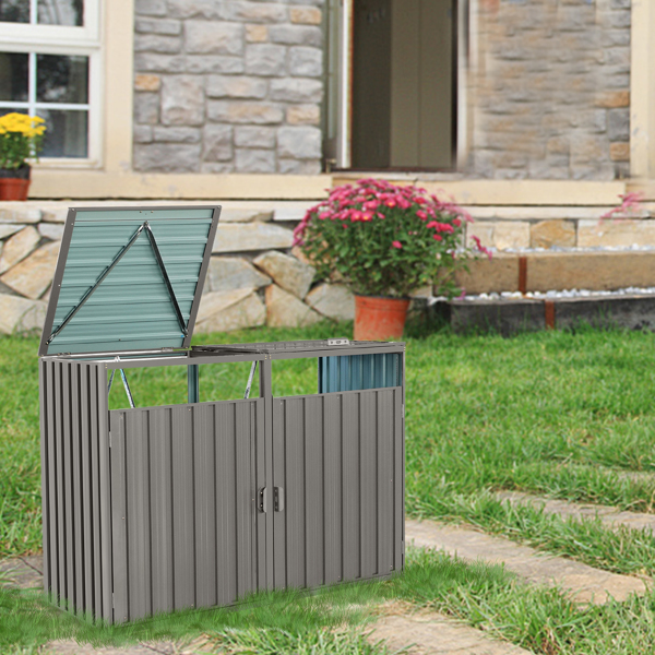 Garbage Bin Shed Stores 2 Trash Cans Metal Outdoor Bin Shed for Garbage Storage,Stainless Galvanized Steel, Bin Shed for Garden Yard Lawn,Grey