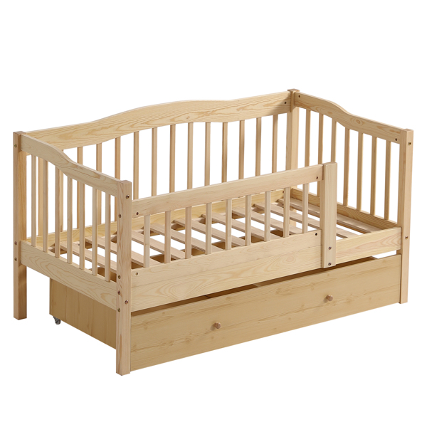 FCH Vertical Fence Wood Painted Pine Toddler Bed with Bottom Drawer and Side Car Bed