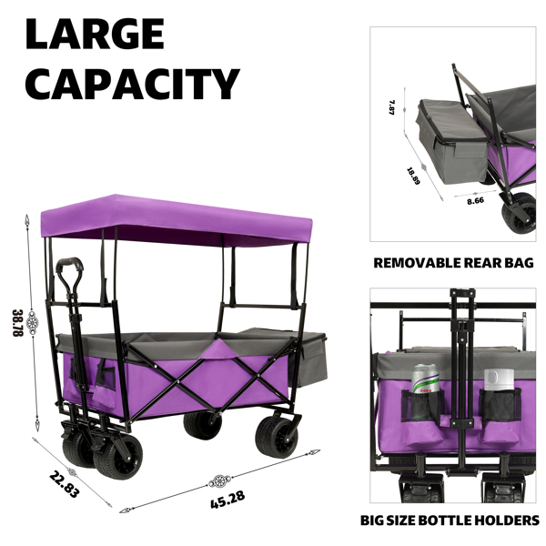 480Lbs Collapsible Wagon with Canopy,Wagon Stroller with 7" All-Terrain Wheels, Lightweight Foldable Wagon, Large Capacity for Camping, Shopping, Sports, and Garden Use,,purple with mosquito net