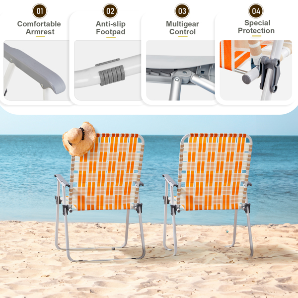 Set of 2 Webbed Folding Beach Chairs, Outdoor Patio Lawn Foldable Chairs for Camping Fishing Yard Poolside BBQ, Orange & White