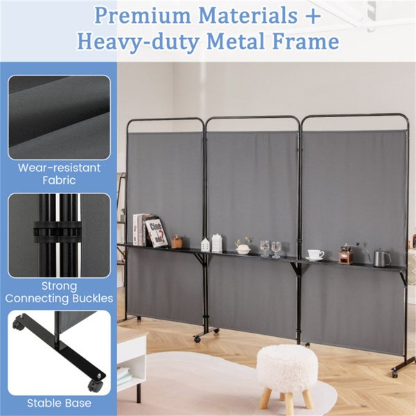 3-Panel Folding Divider with Lockable Wheels and 3 Metal Shelves Grey