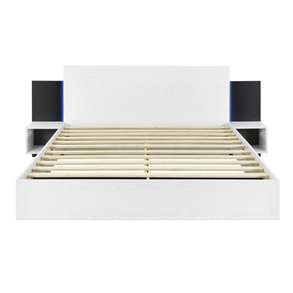 Queen Size Wooden  Floating Platform Bed, with LED Lights, Bedside Nightstand, White