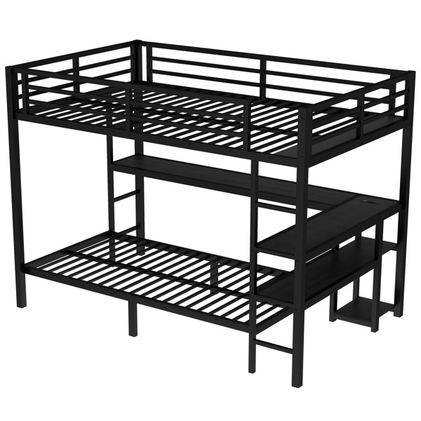 FULL XL Over Twin Bunk Bed with Desk and Shelves, Multiple Placement, with LED and USB, Black