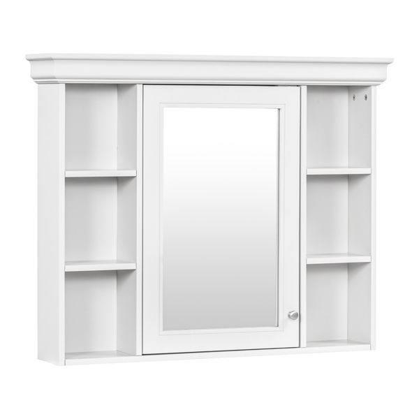 35'' x 28'' White Wall Mounted Bathroom Storage Cabinet with Mirror Door, Modern Bathroom Wall Cabinet with Mirror, Medicine Cabinet with 6 Open Shelves