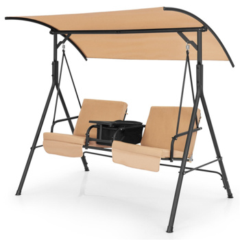 2 Seater Porch Swing Chair with Handy Storage and 360° Rotatable Tray